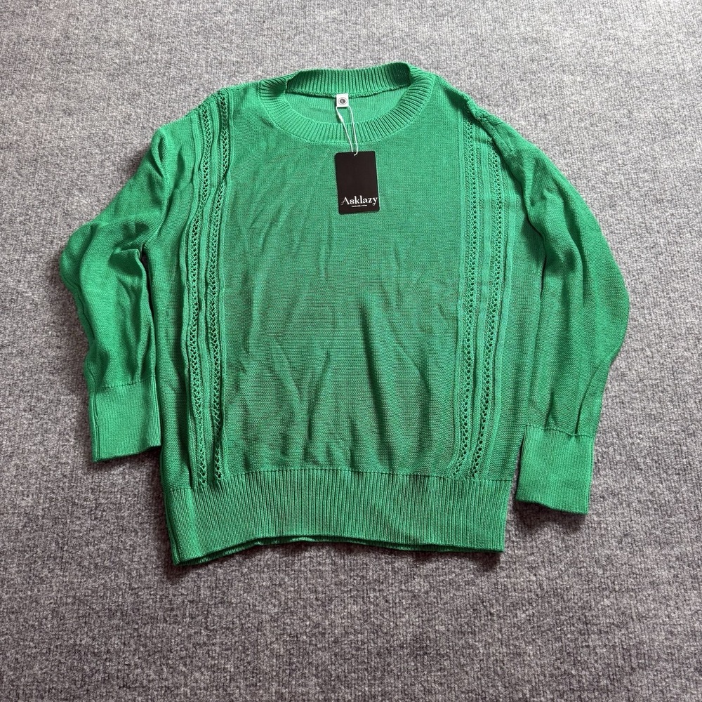 NWT‎ Asklazy Green Crewneck Knit Sweater Pointelle Crochet Lace Trim Pullover